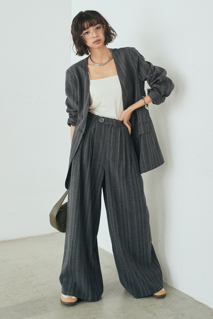 [SET]ノーカラーピンストライプジャケット+ピンストライプワイドスラックス(2set)