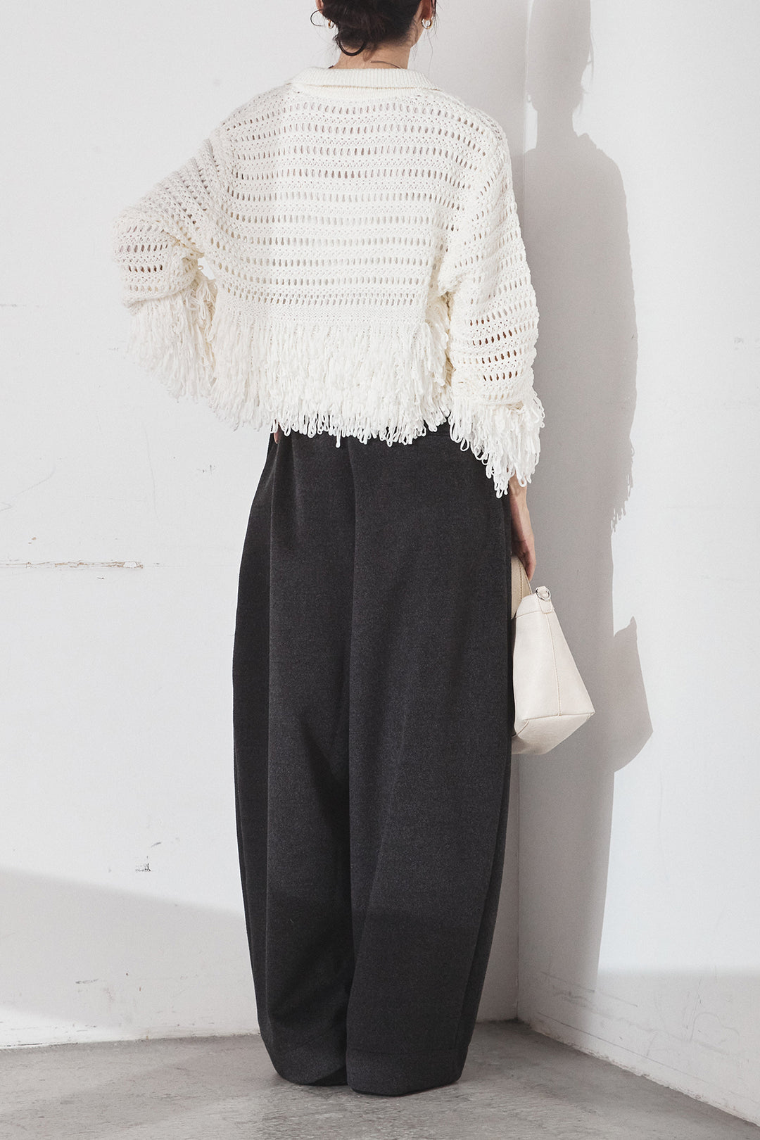 [SET]メッシュフリンジカーディガン+ウールタッチカーブワイドパンツ(2set)