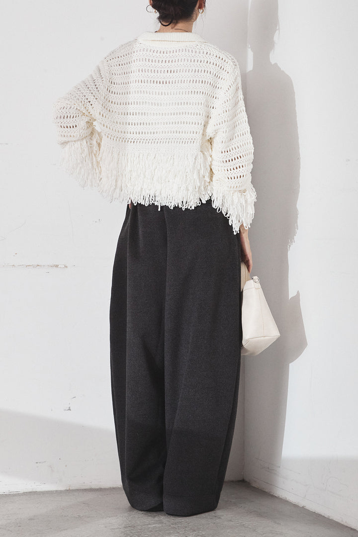 [SET]メッシュフリンジカーディガン+ウールタッチカーブワイドパンツ(2set)