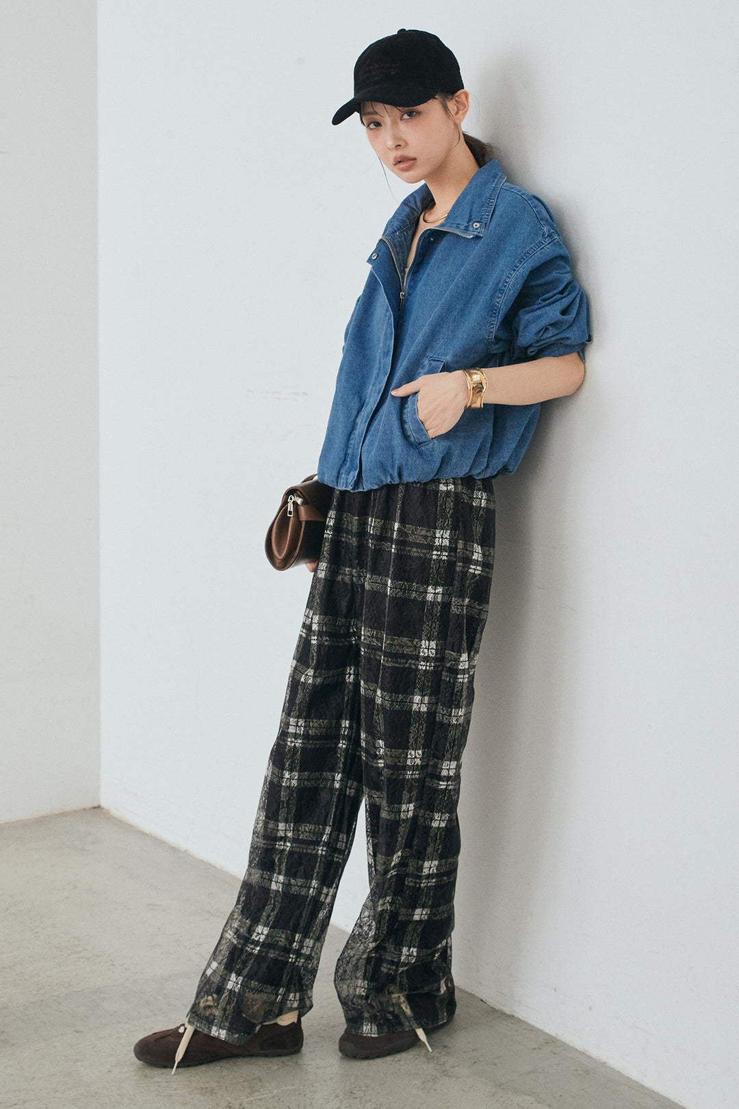 [SET]スタンドカラーデニムブルゾンジャケット+レースチェックワイドイージーパンツ(2set)