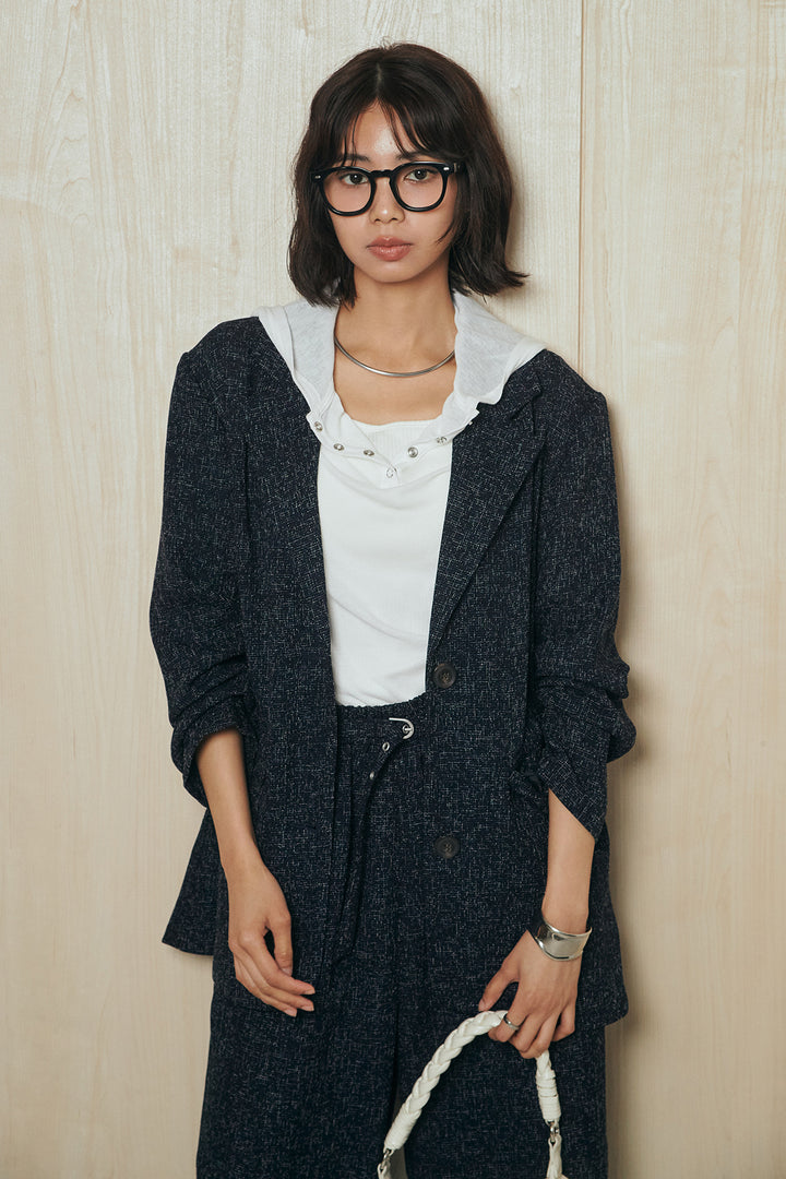 [SET]ミックスツイードベルト付きジャケット+ミックスツイードワイドパンツ(2set)