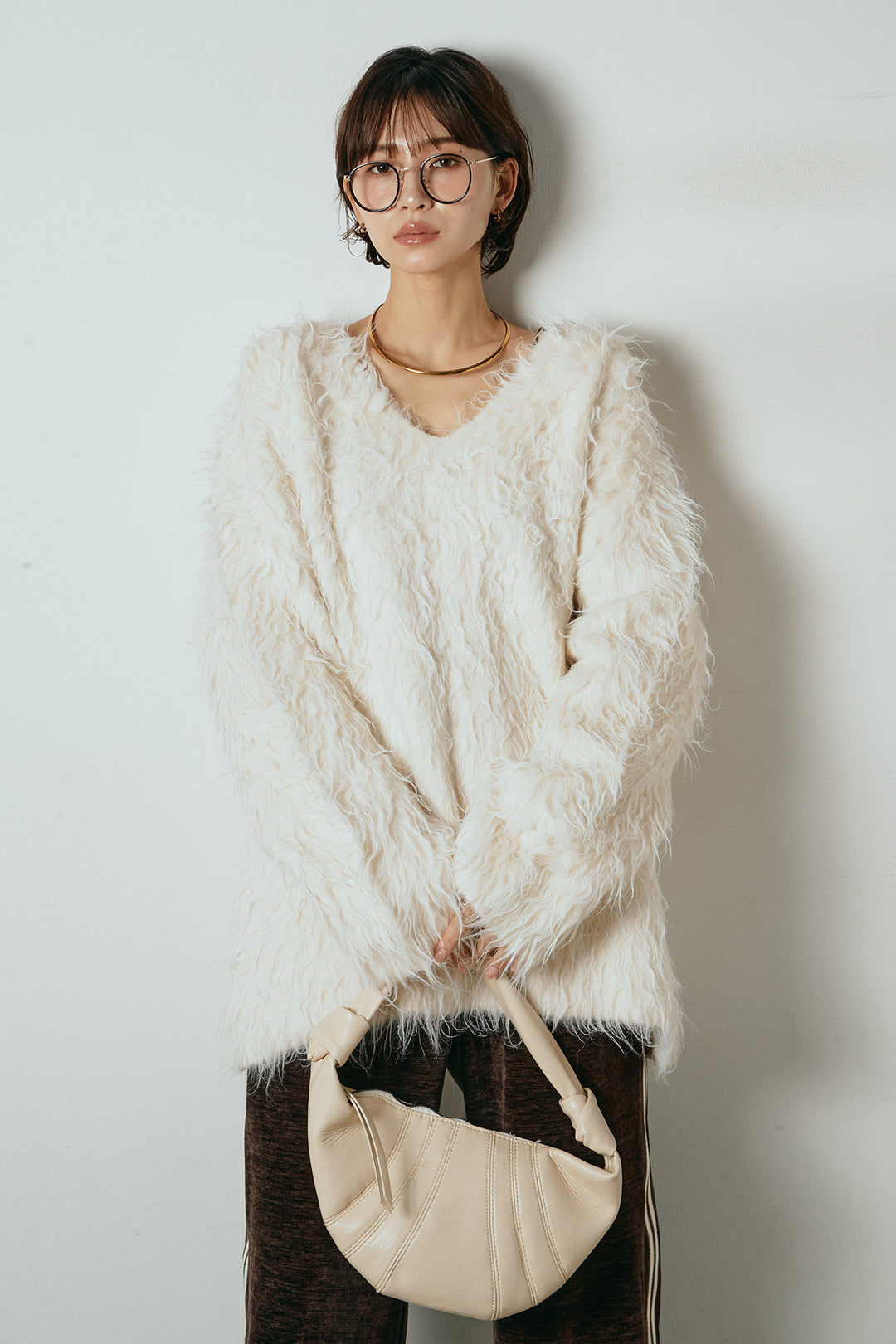 [SET]深Vネックシャギーニットトップス+リラックスサイドラインベロアワイドパンツ(2set)