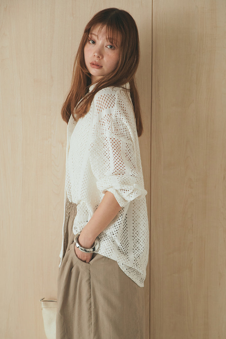 [SET]長袖襟付きレースシャツ+ポケットタックフォルムパンツ(2set)