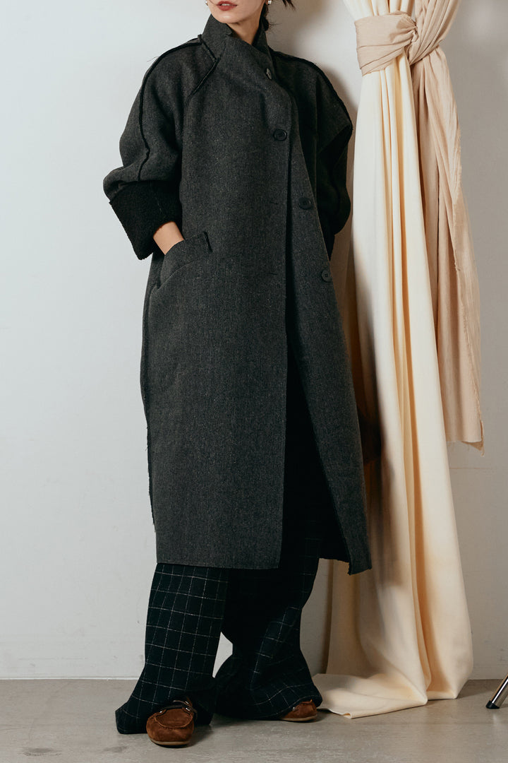 [SET]裏地ボアハイネックロングアウター+ウールライクチェックタックパンツ(2set)