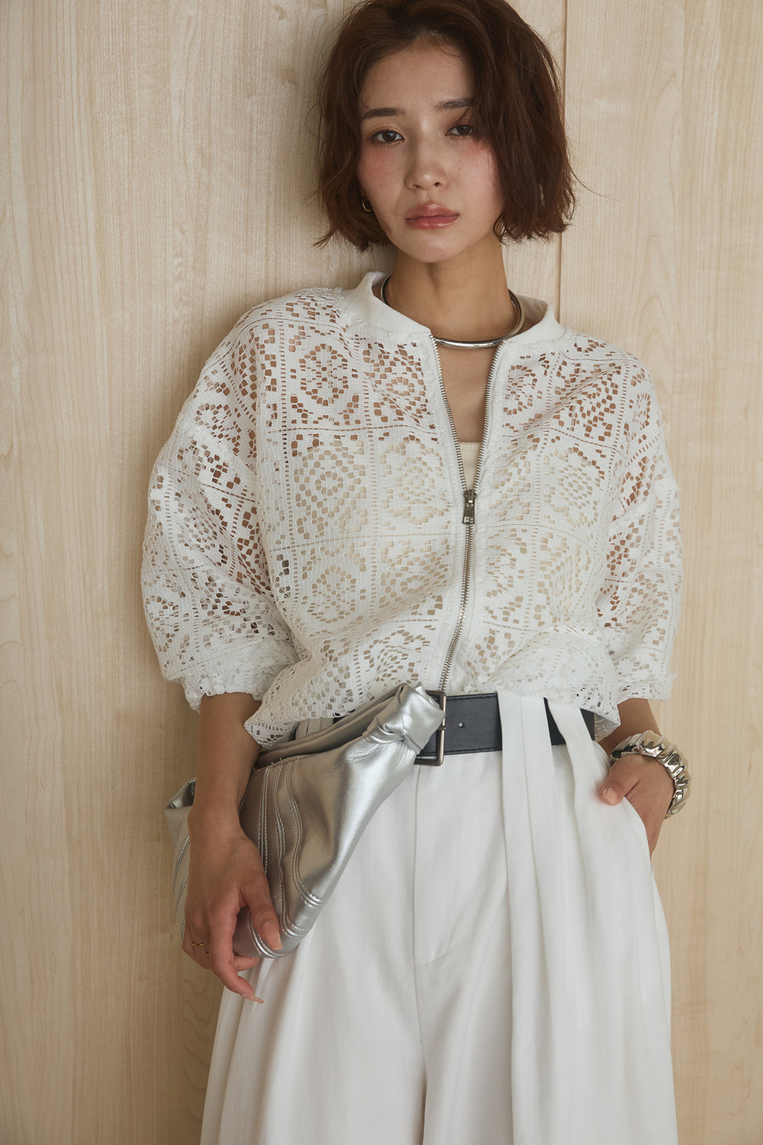 [SET]幾何レースブルゾン+ベルト付きビックループワイドパンツ(2set)