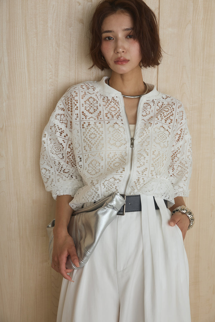 [SET]幾何レースブルゾン+ベルト付きビックループワイドパンツ(2set)