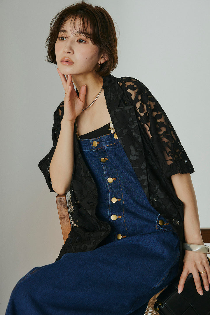 [SET]シアージャガードハーフスリーブテーラードジャケット+配色ショルダーデニムサロペットスカート(2set)