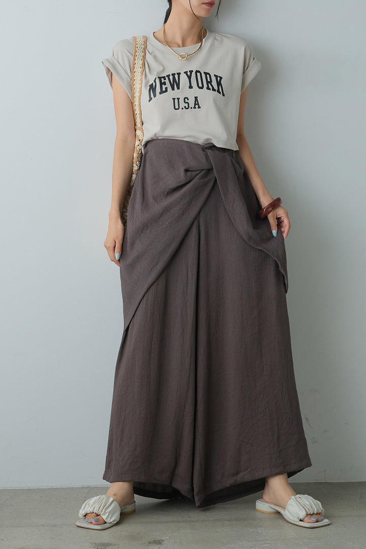 [SET]ショート丈NEWYORKロゴTシャツ+ねじりデザインワイドパンツ(2set)