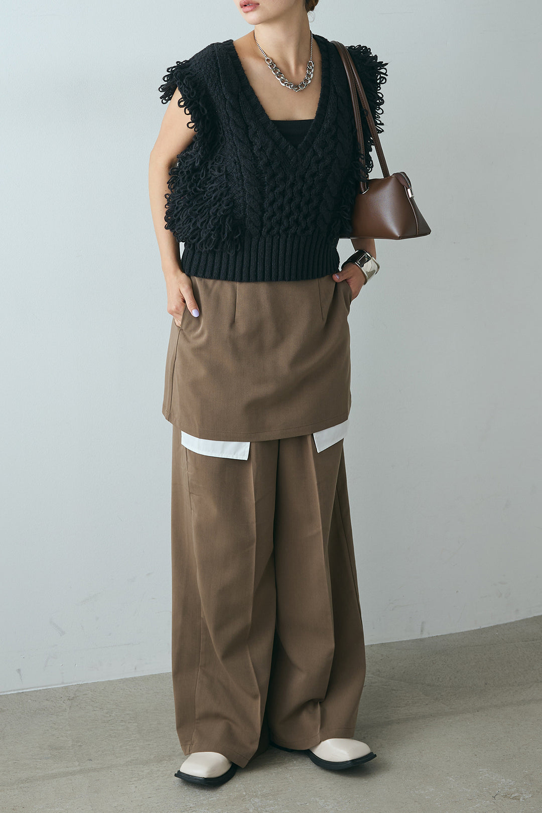 [SET]Vネックループフリンジニットベスト+ストレートパンツ＆ミニスカートセット(2set)