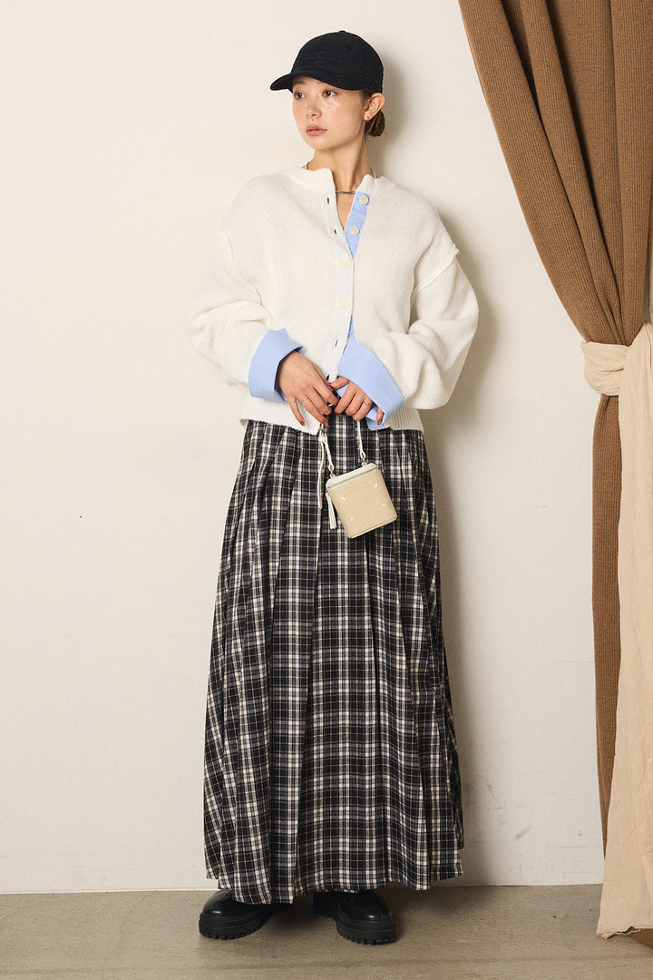 [SET]シャツドッキングニットカーディガン+ベルト付きタータンチェックプリーツスカート(2set)