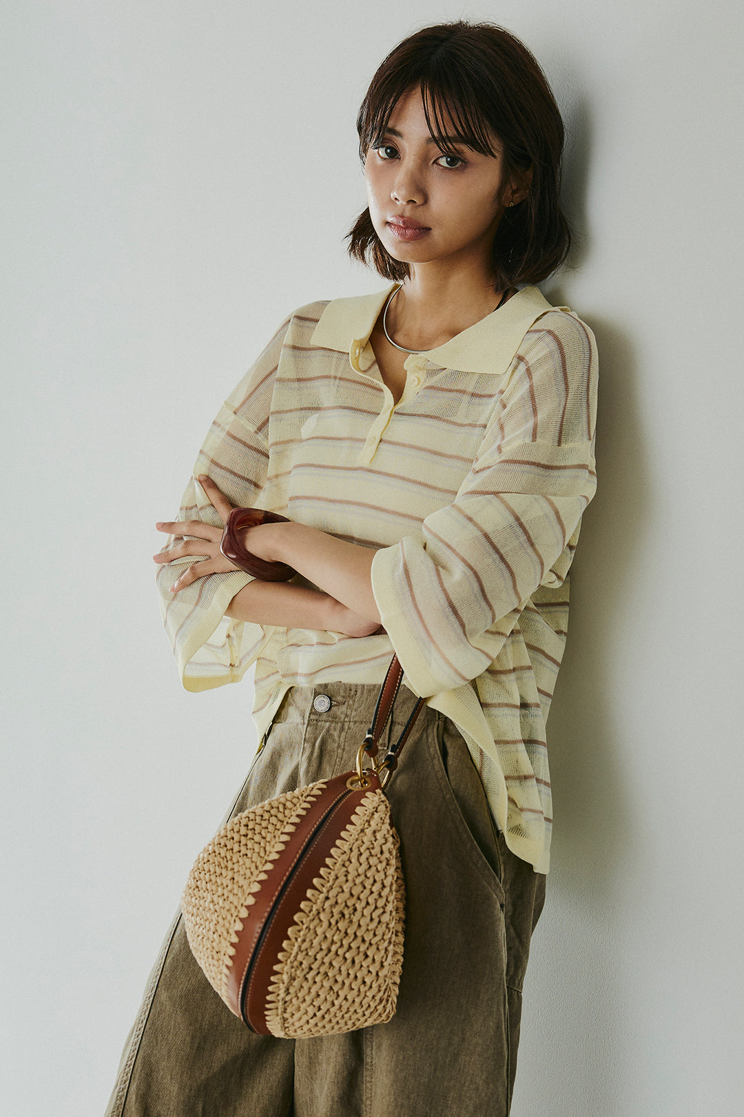 [SET]ボーダーニットポロシャツ+サイドベルトカーブワイドパンツ(2set)