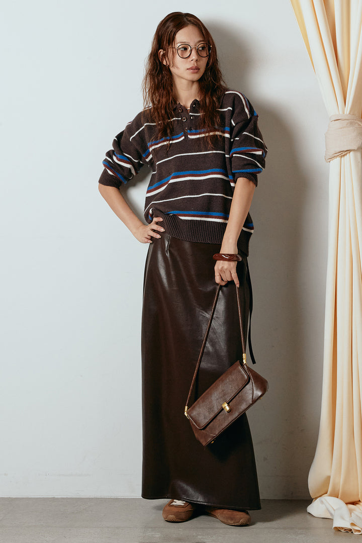 [SET]襟付きマルチボーダーニットポロトップス+紐付きフェイクレザーワイドスカート(2set)