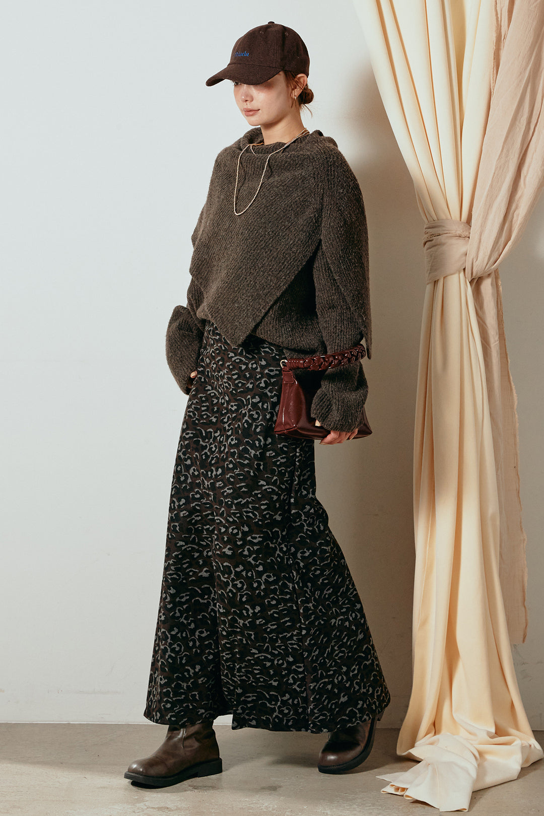 [SET]ケープデザインリブニットトップス+レオパードロングスカート(2set)