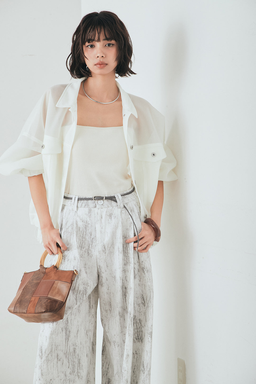 [SET]シアーダンボールサイドドロストジャケット+紐ベルト付きかすれ柄ワイドスラックス(2set)