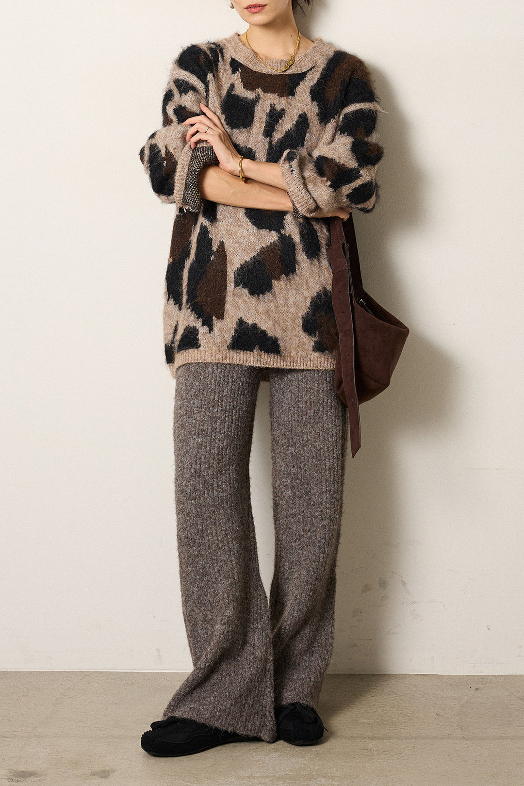 [SET]ルーズアニマルモヘアニットトップス+杢ニットリブフレアパンツ(2set)