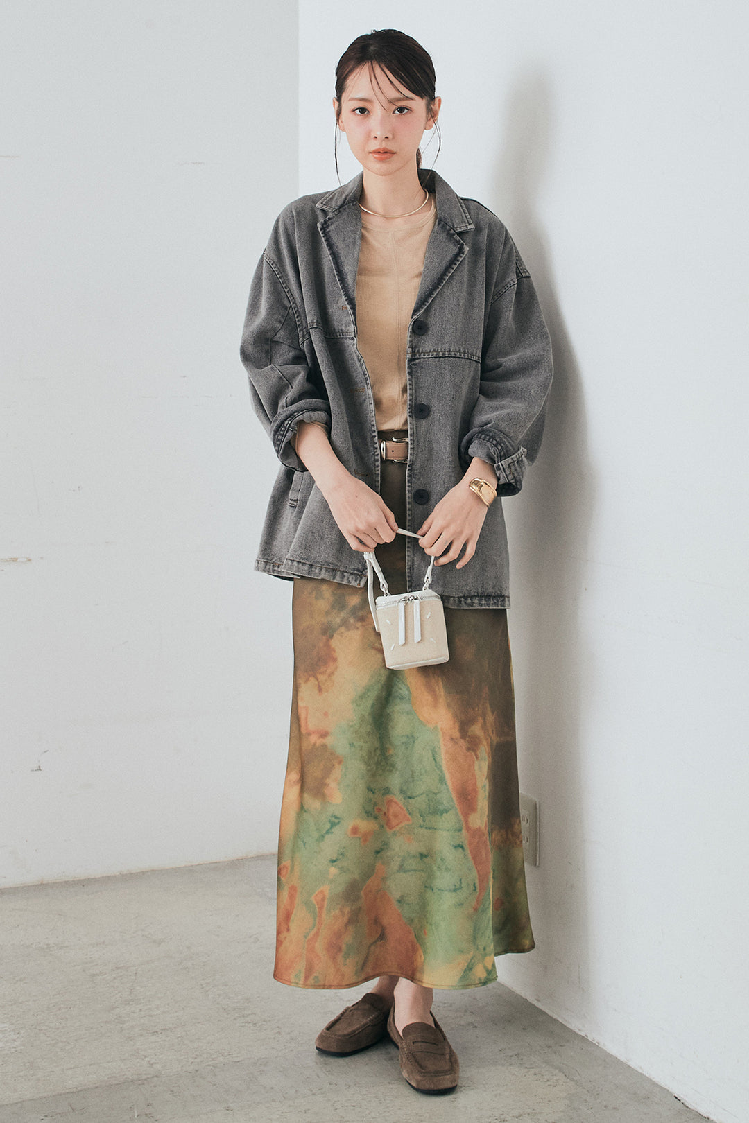 [SET]オーバーデニムジャケット+ニュアンス柄サテンスカート(2set)