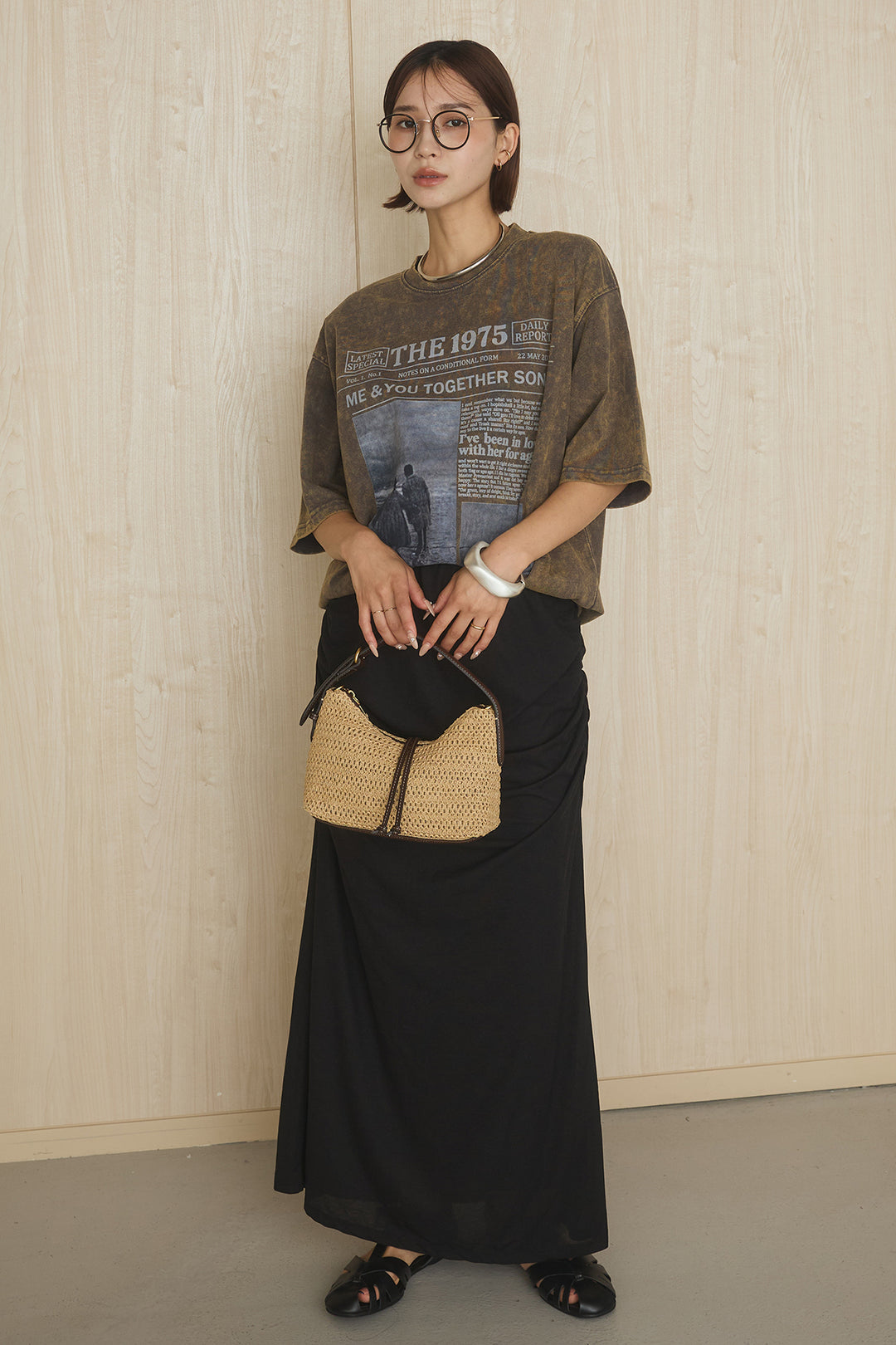 [SET]1975グラフィックTシャツ+ギャザードレープニュアンススカート(2set)