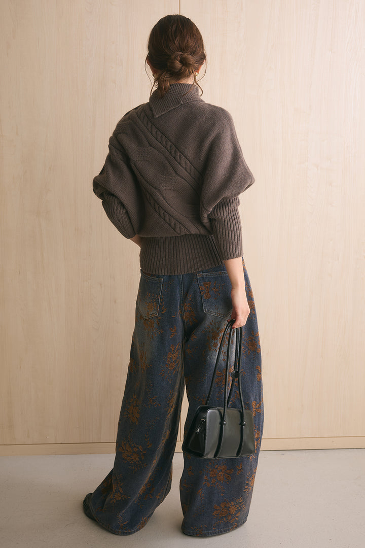 [SET]アシメカラーボタンケーブルニット+フラワーモチーフ刺繍カーブデニム(2set)
