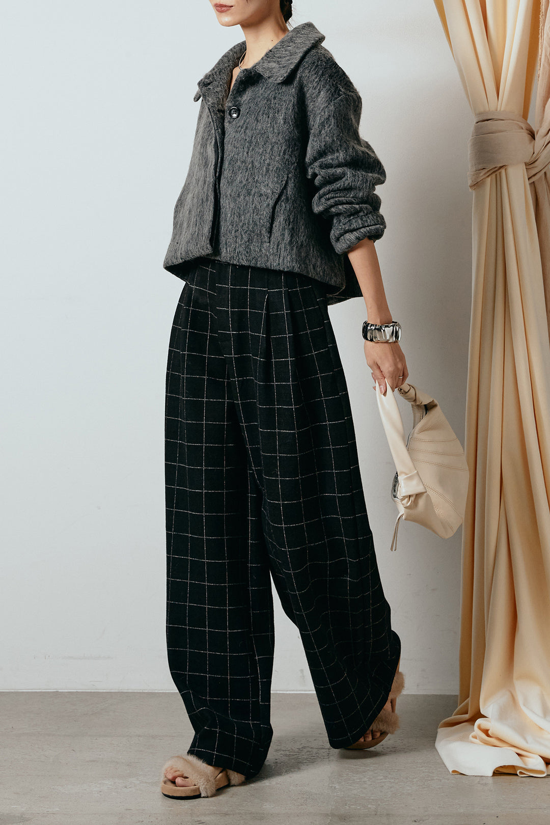 [SET]シャギーショートジャケット+スクエアチェック柄ワイドパンツ(2set)