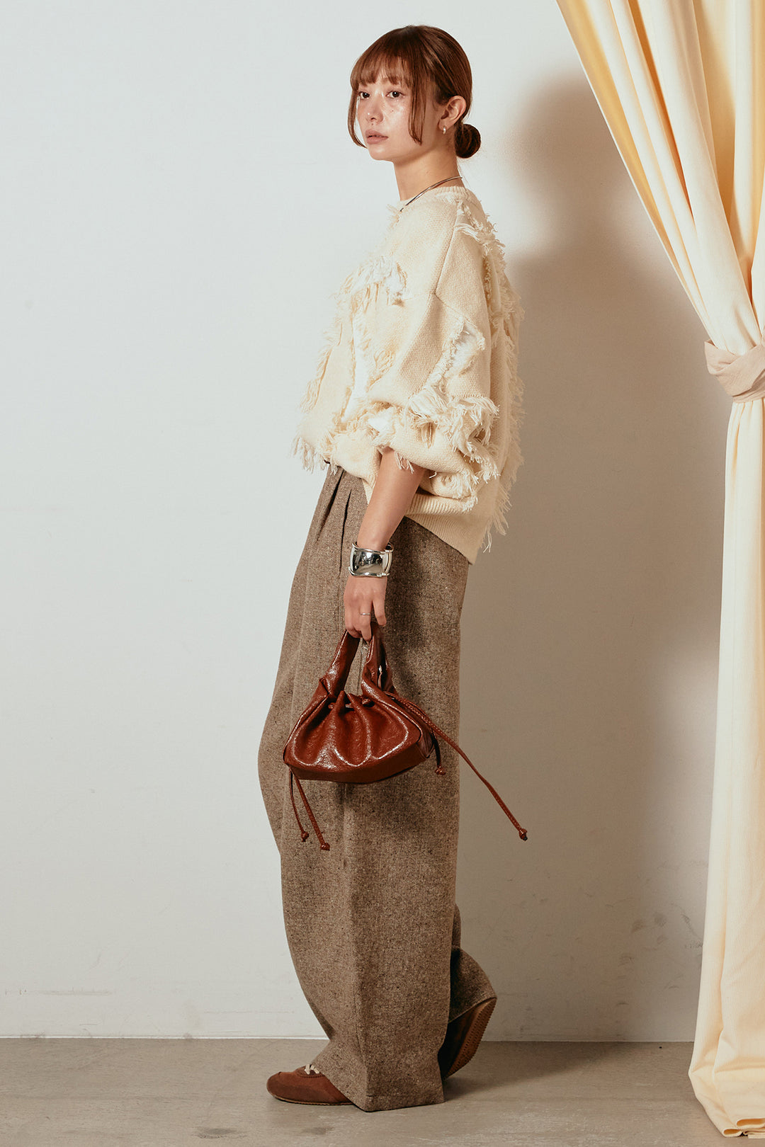 [SET]シャギージャガードニットトップス+ベルト付きネップツイードカーブパンツ(2set)