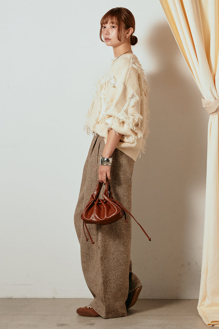 [SET]シャギージャガードニットトップス+ベルト付きネップツイードカーブパンツ(2set)