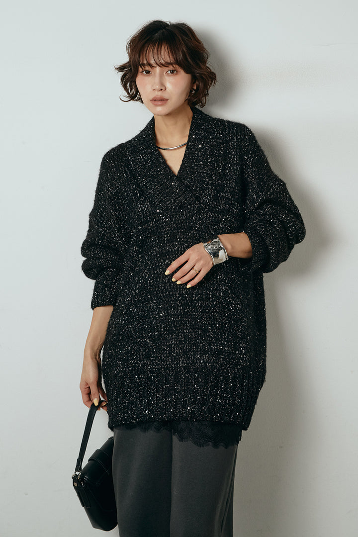 [SET]Vネックラメニットトップス+レース切り替えキャミソール(2set)