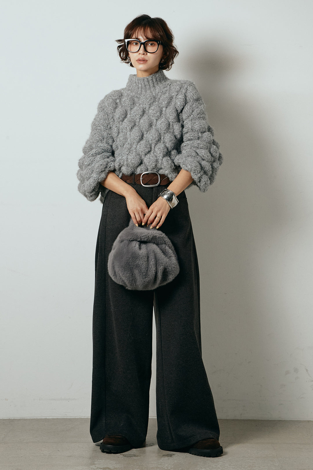 [SET]ボリュームポップコーンニットトップス+編みベルト付きワイドパンツ(2set)