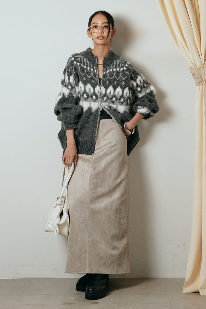 [SET]起毛ダブルジップパターンニットカーディガン+エコスウェードワイドスカート(2set)