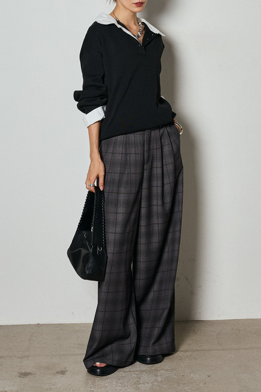 【即納】タック入りタータンチェックワイドパンツ