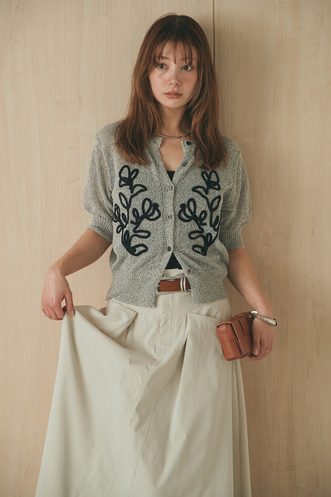 [SET]フロントテープデザイン半袖カーディガン+ミリタリーツイルタックフレアスカート(2set)