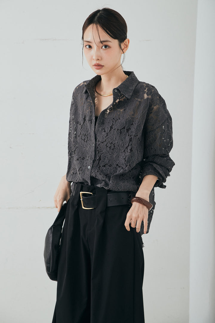 [SET]レース裾スカラップシャツ+ベルトループデザインハイウエストタックパンツ(2set)