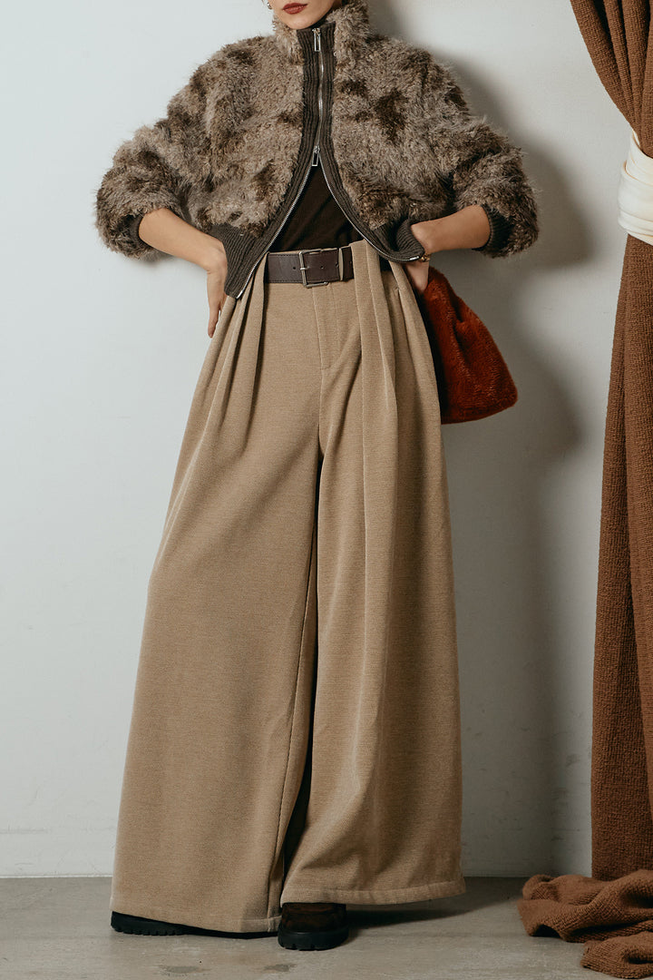 [SET]エコファースタンドカラーニュアンス柄ブルゾン+ベルトループコーデュロイワイドパンツ(2set)