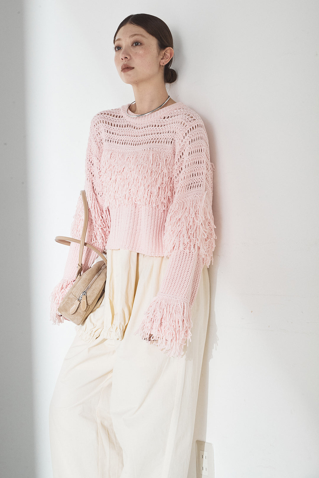 [SET]メッシュフリンジ切り替えプルオーバー+合繊ツイルスタンドウエスト巻きジョガーパンツ(2set)