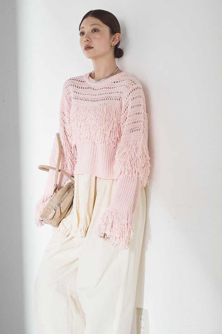 [SET]メッシュフリンジ切り替えプルオーバー+合繊ツイルスタンドウエスト巻きジョガーパンツ(2set)