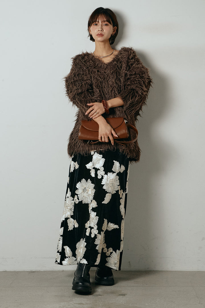 [SET]深Vネックシャギーニットトップス+フラワー刺繍ワイドスカート(2set)