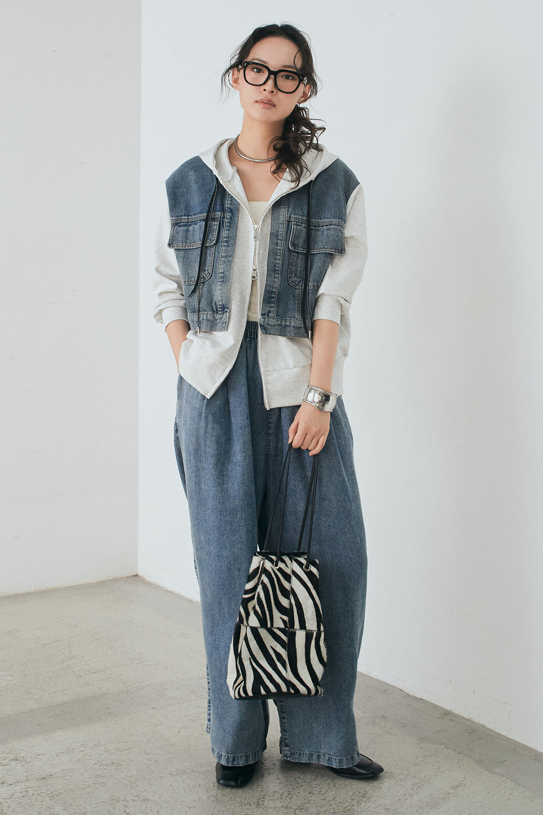 [SET]デニム切替ポンチダブルジップパーカー+テンセルデニムイージーワイドパンツ(2set)