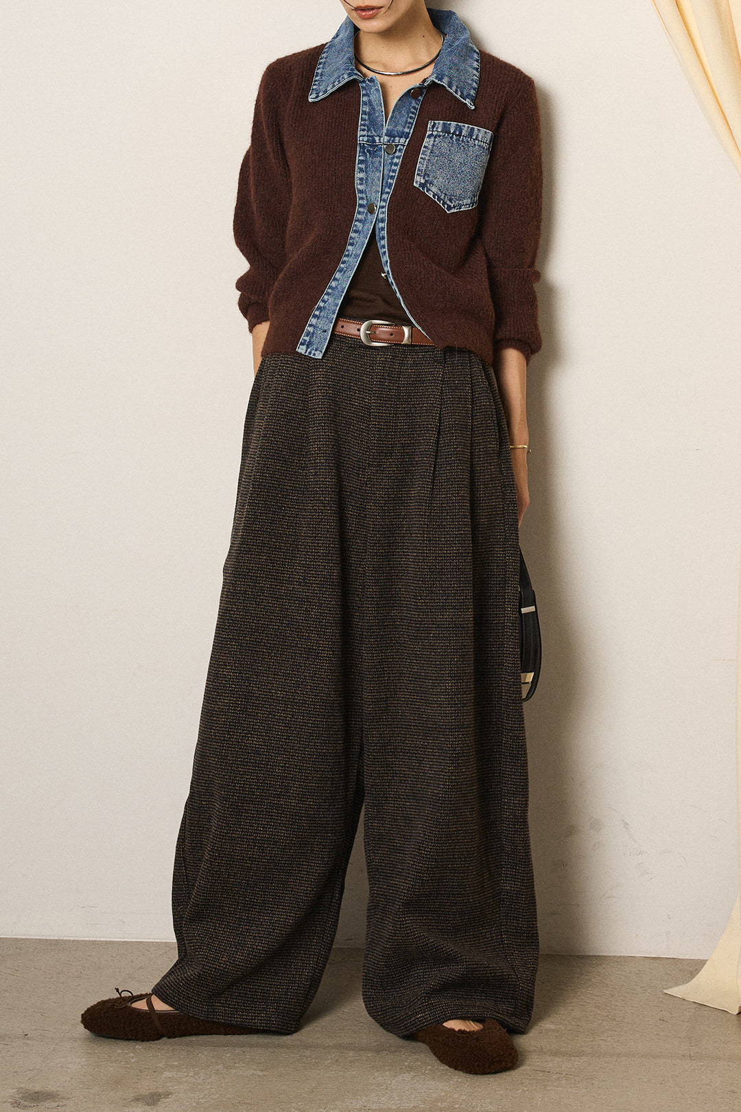 [SET]襟付きデニム切替ニットカーディガン+起毛タック入りツイードワイドパンツ(2set)