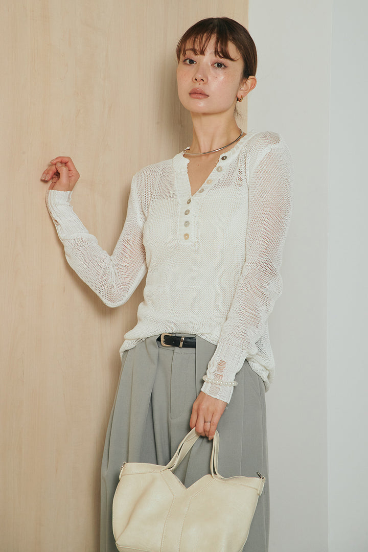 [SET]ヘンリーネックダメージニットプルオーバー+ビックベルトループタックベルト付きワイドパンツ(2set)