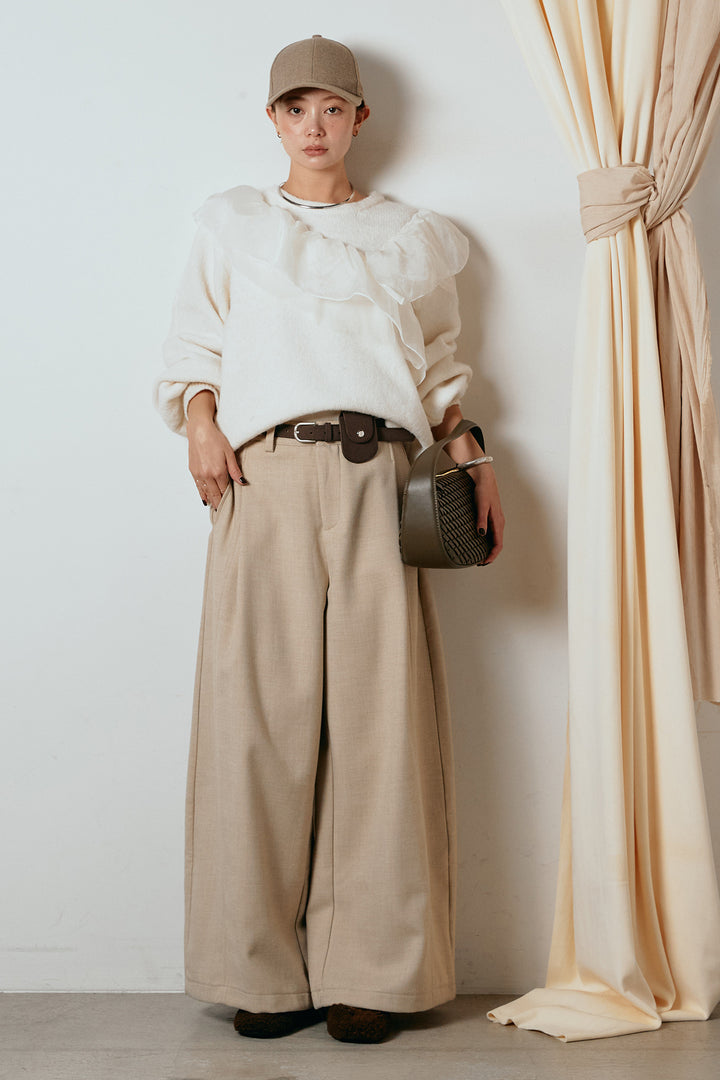 [SET]アシンメトリーフリルニットトップス+ポーチベルト付きカーブパンツ(2set)