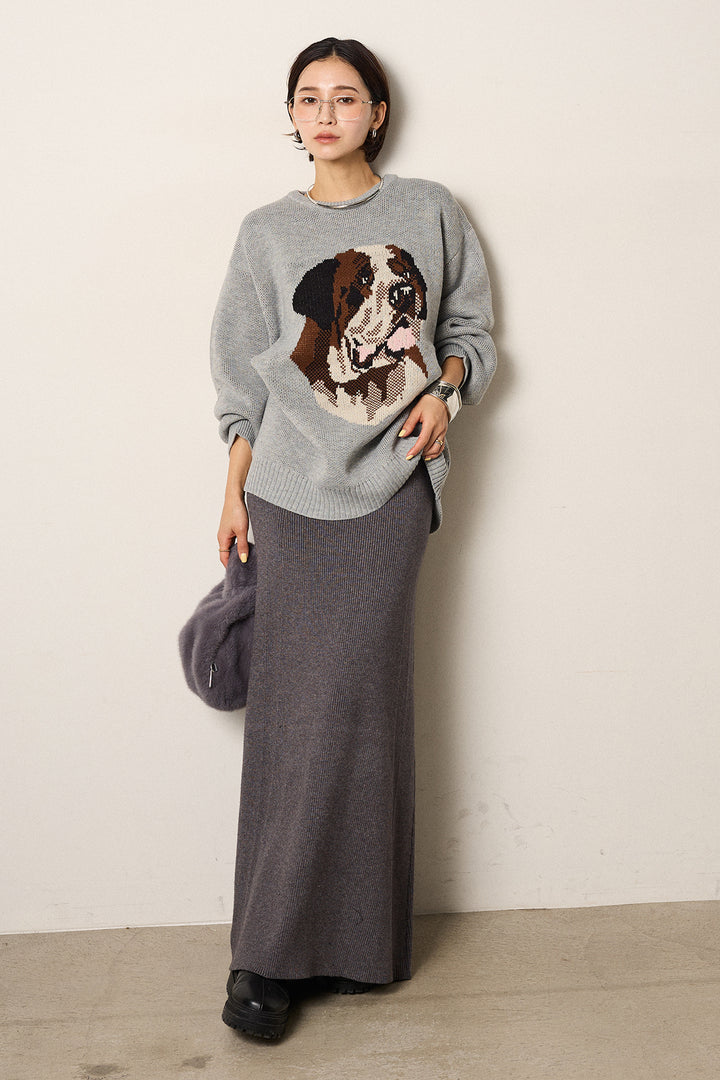 [SET]アニマルジャガード柄ニットトップス+リブナローニットスカート(2set)