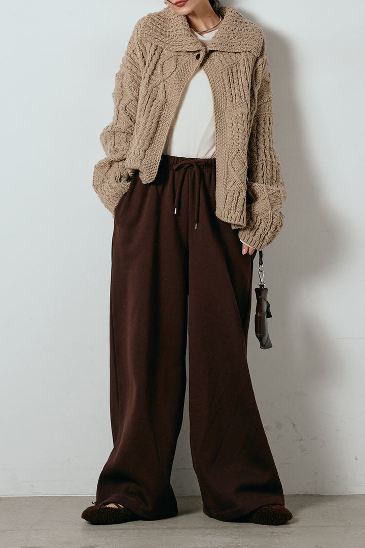[SET]ビッグカラーケーブル編みニットトップス+裏起毛スウェットワイドパンツ(2set)