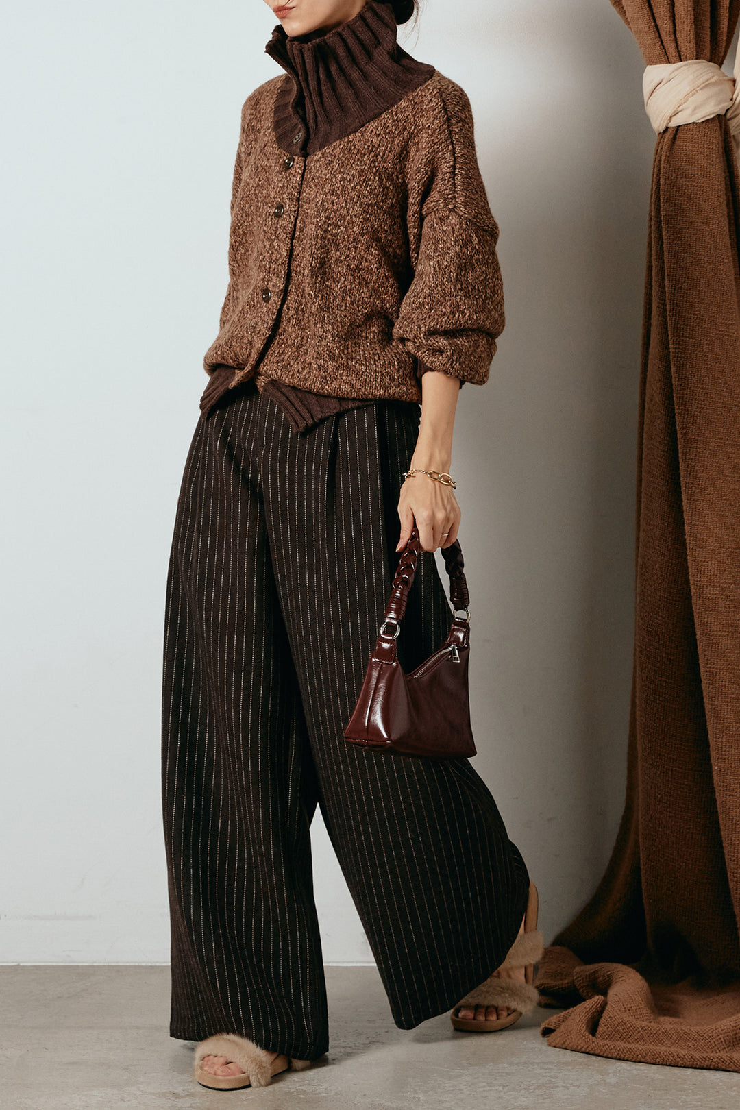 [SET]ハイネックミックスニットカーディガン+ウールライクストライプパンツ(2set)