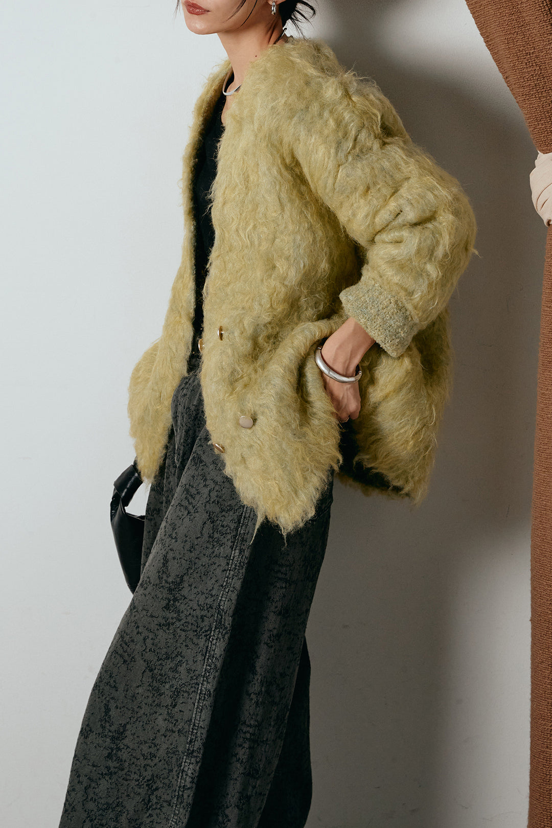 [SET]ウェーブシャギーニットジャケット+ベルト付きニュアンス柄カーブワイドパンツ(2set)