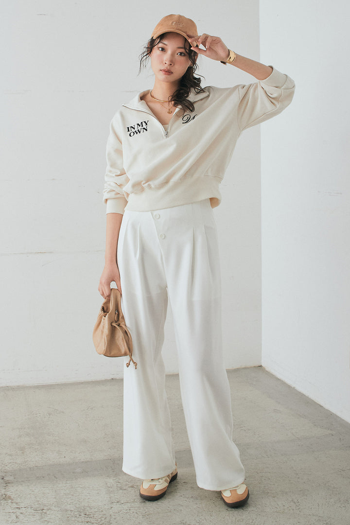 [SET]裏毛ロゴ刺繍ハーフZIPスウェット+斜めボタンタック入りスラックス(2set)