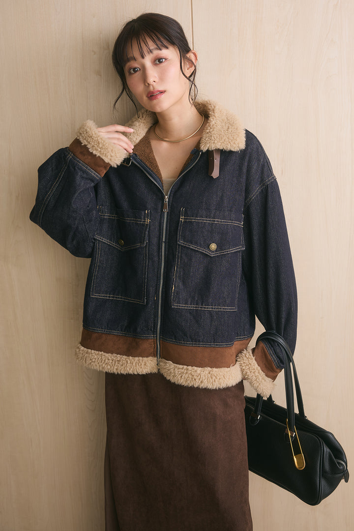 [SET]ファーコンビスタンドカラーデニムコート+エコスウェードレイヤードスカート(2set)