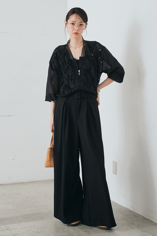 [SET]モチーフ付きシアーブルゾン+ベルト付きツータックワイドパンツ+ベルト付きツータックワイドパンツ(3set)