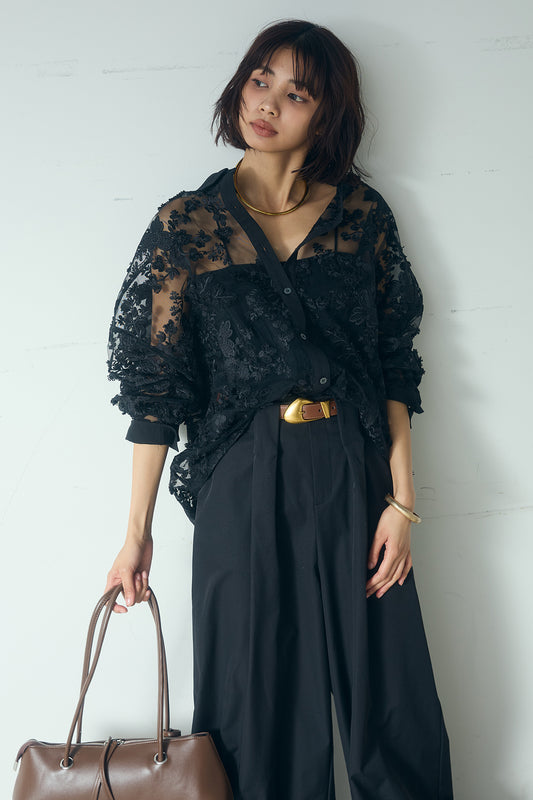 【着回しセット】[SET]リサイクルポリニュアンス釦カーデ+立体フラワー刺繍レースシャツ+ベルトループデザインハイウエストタックパンツ(3set)