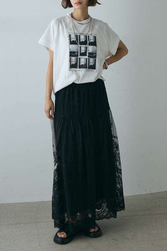 【着回しセット】フォトプリントラグランTシャツ+ミックスレース刺繍スカート+フォトプリントラグランTシャツ(3set)