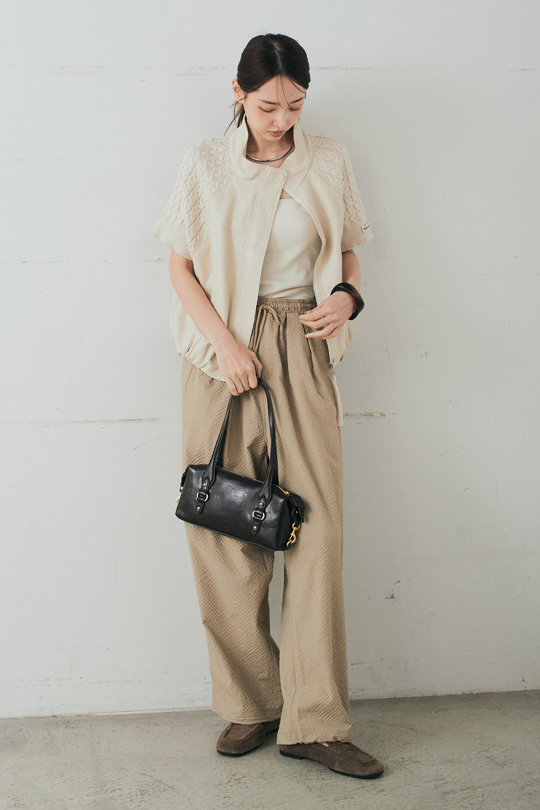 [SET]ニット切替レザーライクベスト+シアサッカーイージーパンツ(2set)