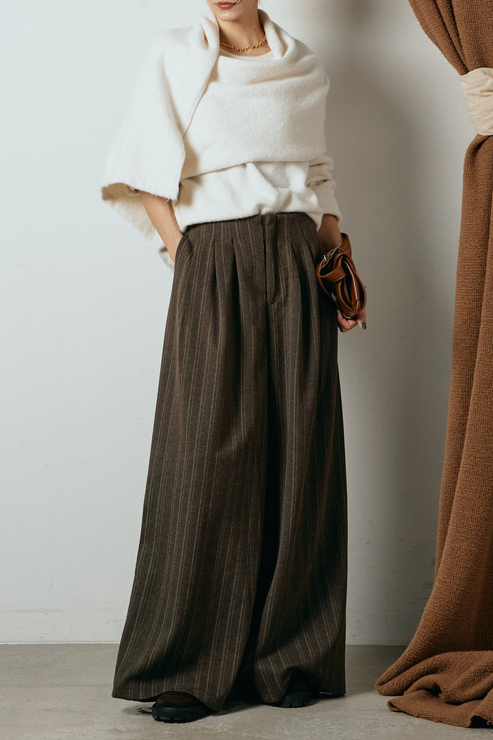 [SET]ネック巻きデザインニットトップス+タック入りマルチストライプ柄ワイドパンツ(2set)